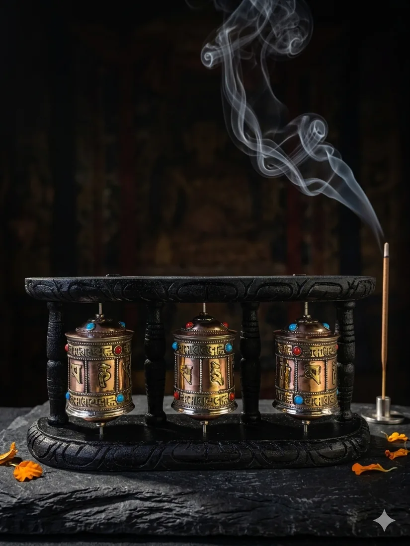 Triple prayer wheel set on a carved frame